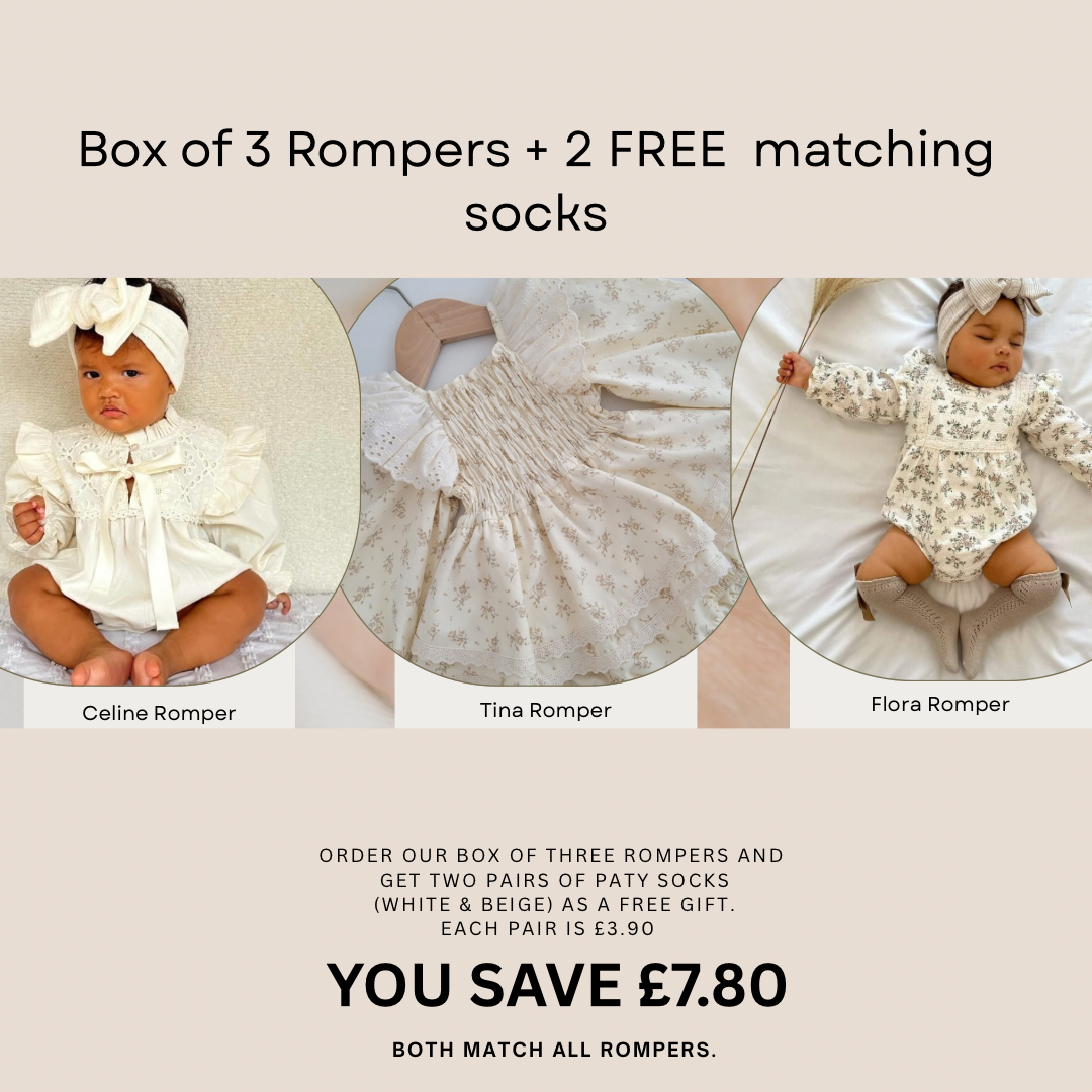 Box of 3 Rompers + 2 FREE pairs of matching socks