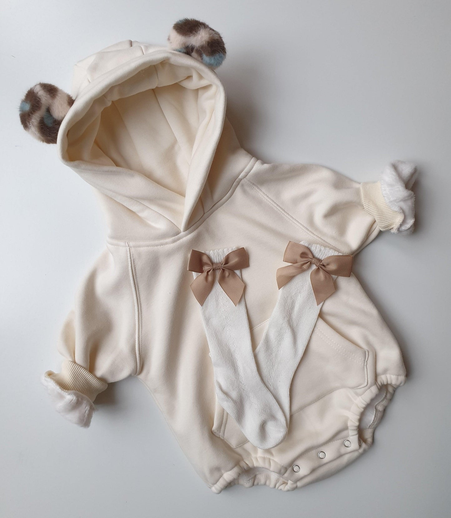 Bear Hooded Romper ( Brown /Ivory) - nunubebe